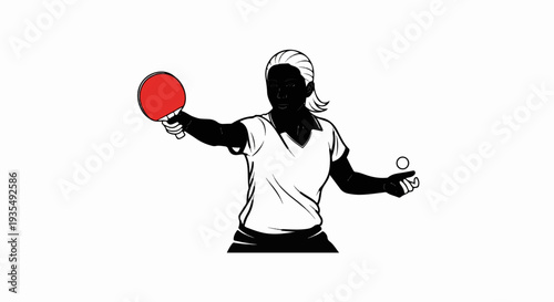 Silhouette of a person playing table tennis, holding a red paddle and ball