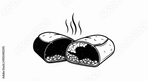 Two steaming burritos, cut in half, revealing filling