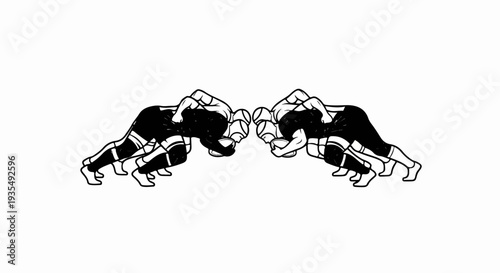 Two symmetrical groups of stylized athletes in a scrum formation