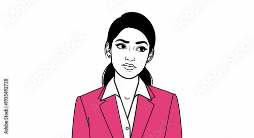 Stylized portrait of a woman in a bright pink suit jacket, looking thoughtfully