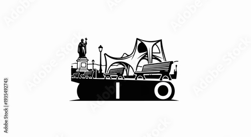 A stylized black and white scene depicting a public square with a statue, benches, and modern architecture