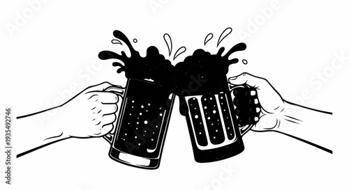 Two hands clink frothy mugs of dark beer, splashing