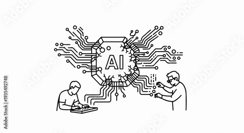 Two people interact with a large AI chip and circuit board
