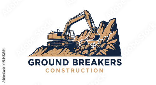 Heavy machinery excavator digging earth for ground breaking construction project.