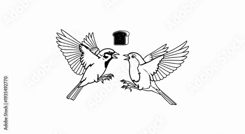 Two birds in flight, wings spread, face each other over a slice of bread
