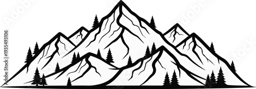 Stylized black and white mountain range with evergreen trees
