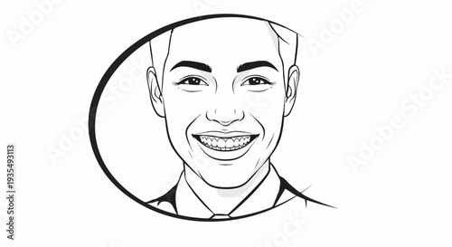 A cheerful, line-art portrait of a young man's face, wearing a tie