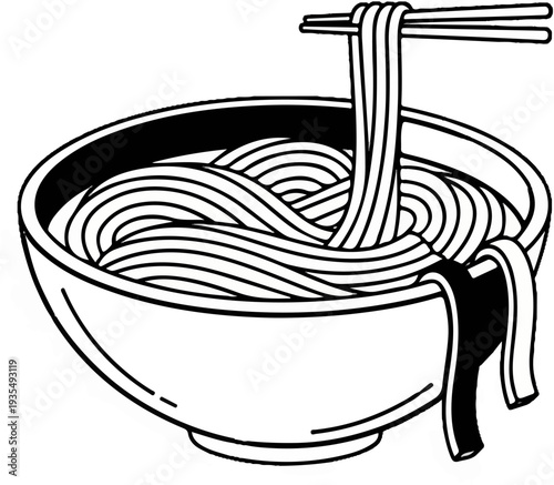 A bowl of noodles lifted by chopsticks, black and white illustration