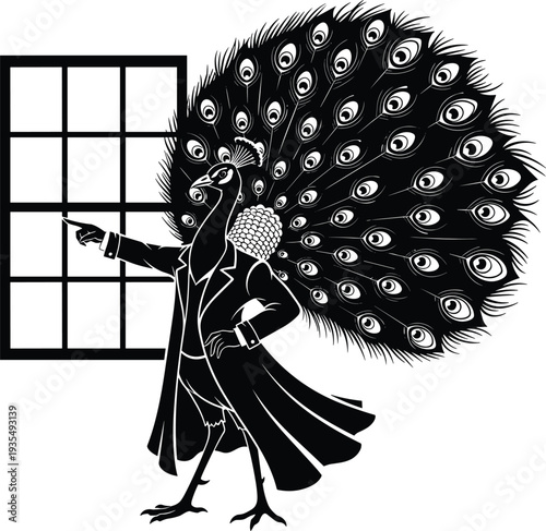 Black and white of a peacock wearing a suit and standing next to a window