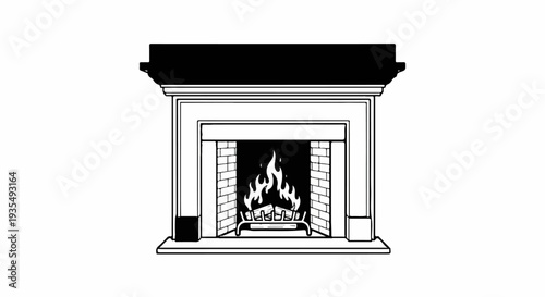 A black and white line drawing of a fireplace with a burning fire
