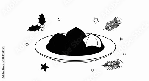 A festive plate of chestnuts with decorative holly and pine sprigs