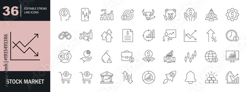Stock market icon set. Containing finance, trading, profit, shareholder, investment, bear, bull, stock exchange, market analysis, growth, and more. Editable line icons. Vector illustration.