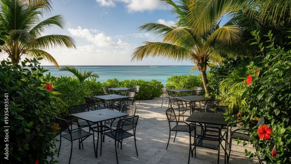 Fototapeta premium Outdoor restaurant with ocean view, surrounded by tropical foliage, tables and chairs ready