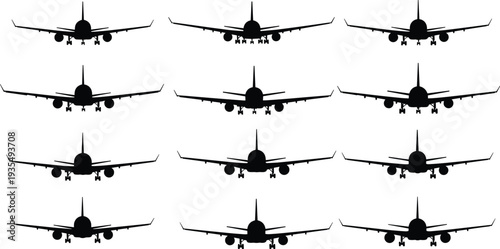 Airplane landing silhouettes collection featuring front view passenger aircraft approaching runway isolated black aviation vector illustration set