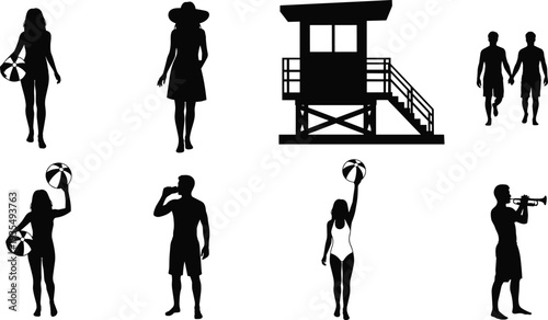 Beach lifestyle silhouettes collection featuring lifeguard tower, people walking, volleyball player, trumpet musician and summer vacation activities vector set