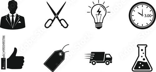 Business and service icons collection featuring businessman, scissors, light bulb, clock, delivery truck and laboratory flask vector set