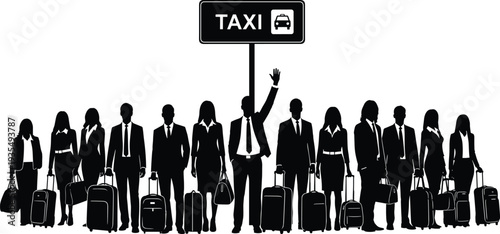 Business travelers silhouettes waiting under taxi sign with luggage at airport transport pickup isolated black vector illustration set