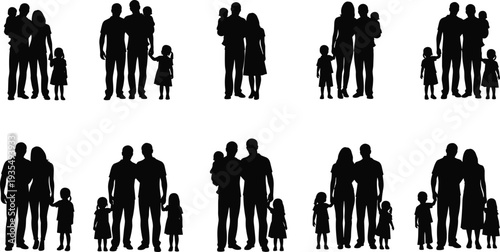 Family silhouettes collection featuring parents with children standing together isolated black vector illustration set for parenting and family concept