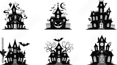 Haunted house silhouettes collection with spooky mansions, bats and Halloween gothic buildings isolated black vector illustration set