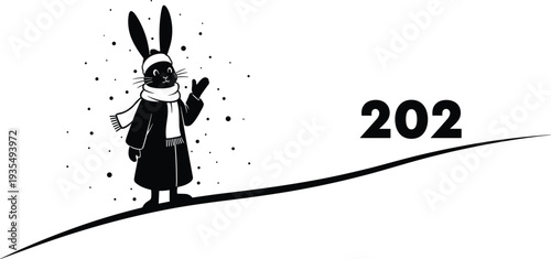 Black rabbit in coat and scarf waving on a hill with 202 white