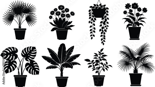 Indoor potted plant silhouettes collection featuring tropical leaves, hanging plant and decorative houseplants isolated black botanical vector illustration set