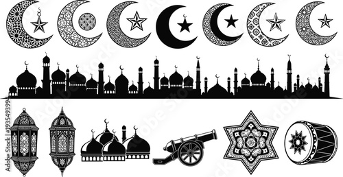Islamic symbols and Ramadan elements collection featuring crescent moons, mosque skyline, lanterns, cannon and decorative ornaments isolated vector illustration