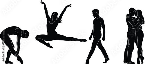 People action silhouettes collection featuring stretching man, jumping woman, walking male and couple hug isolated black vector illustration set