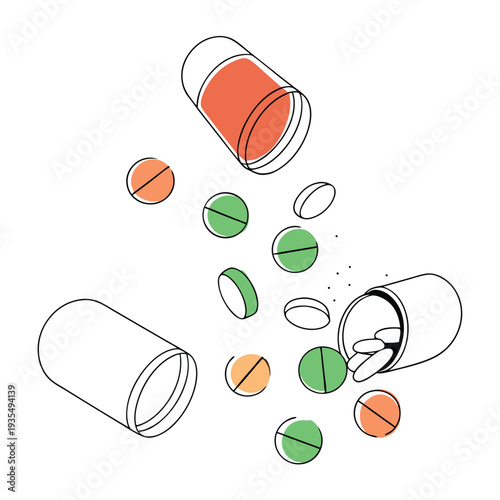 Medical pills and open capsules falling in line art style for healthcare pharmacy concept