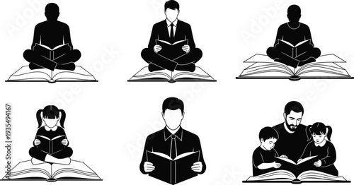 People reading books silhouettes collection featuring students, children and family reading together isolated educational learning vector illustration set