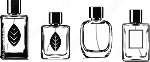 Perfume bottle collection with elegant fragrance containers featuring minimal labels and leaf design isolated vector cosmetic packaging illustration set