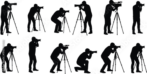 Photographer silhouettes collection with professional camera operators using tripods capturing photos isolated vector illustration set for photography concepts