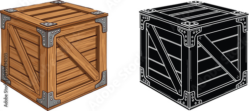 Wooden shipping crate illustration with metal corners and outline version showing transport storage box isolated vector packaging design