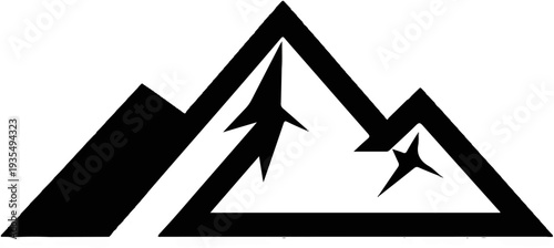 Stylized black and white mountain peak logo with abstract trees