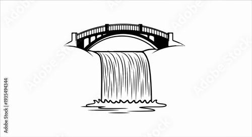 Stylized black and white drawing of a bridge arching over a cascading waterfall