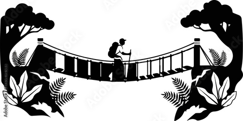 Silhouette of a backpacker crossing a rope bridge amidst lush foliage and trees
