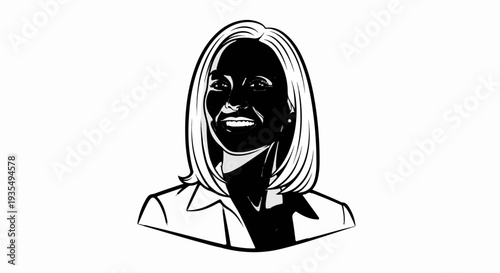 Smiling woman with bob haircut and collared shirt, illustrated