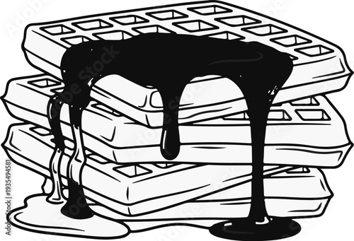 Stack of waffles with thick dark syrup dripping down