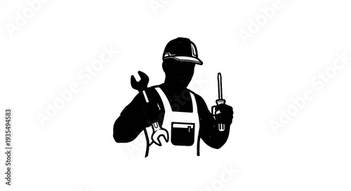 Silhouette of a worker in overalls and hard hat holding tools