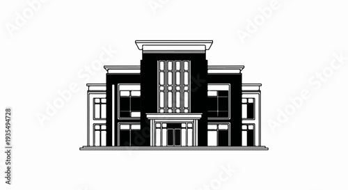 Simple, stylized illustration of a dark, modern building with windows