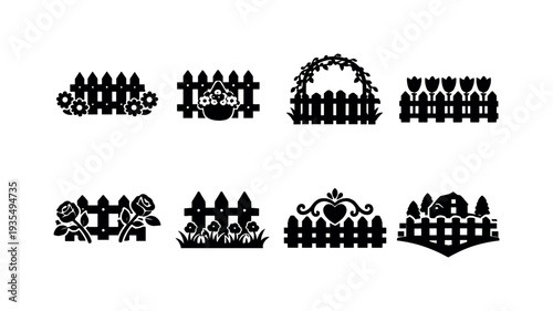 Cottagecore fence floral outline icons. Filled icon set of Cottagecore fence floral outline icons: small