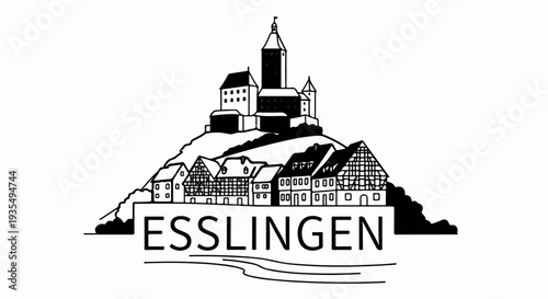 Stylized line art depicts a medieval town with a prominent castle atop a hill