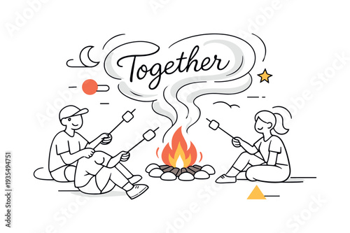 Campfire Marshmallow Roasting. Friends around the campfire. Three simple figures roasting marshmallows on