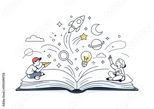 Open book imagination. A wide open geometric book with pages slightly curved, tiny stars and abstract shapes