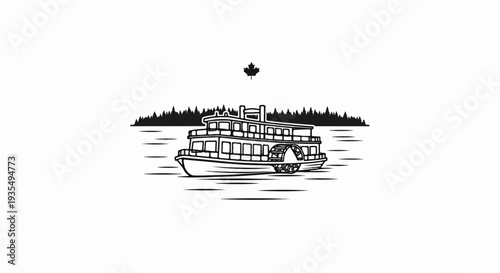 Stylized paddleboat glides on water with pine forest background and leaf