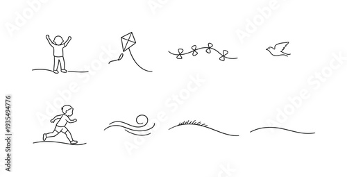 Playful outdoor activity divider set featuring kite flying and park themed decorative line art