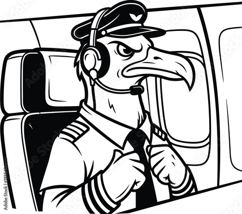 Cartoon eagle pilot wearing headset and adjusting tie black and white monochrome