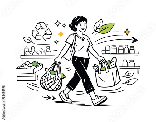 Green Lifestyle at the Market. A shopper confidently walking through a minimal market setting, reusable bags