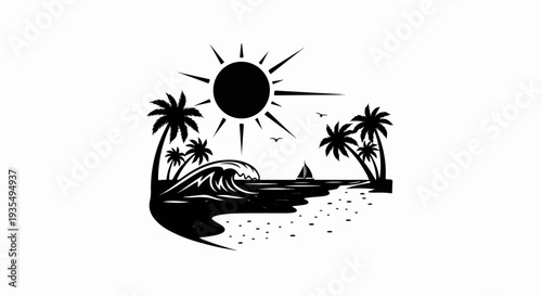 Tropical beach scene with sun, waves, palm trees, and sailboat
