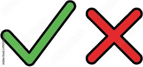 Two bold, cartoon-style symbols a green checkmark and a red cross