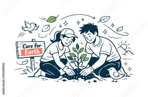 Eco conscious family illustration caring for earth with plants and sustainable lifestyle message elements